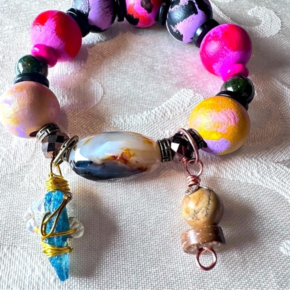 Artisan Charm Bracelet Montana Moss Agate Hand Painted Wood Beads, Glass 00815 P - Picture 1 of 9